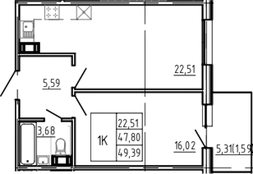 1-комнатная квартира 49.39 м², 5/5 эт., Комплекс апартаментов «Bereg. Курортный»